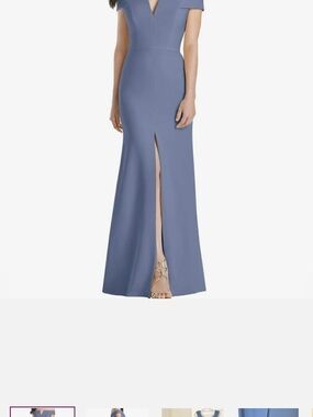 Dessy Collection Dusty Blue Off-Shoulder Gown with Front Slit